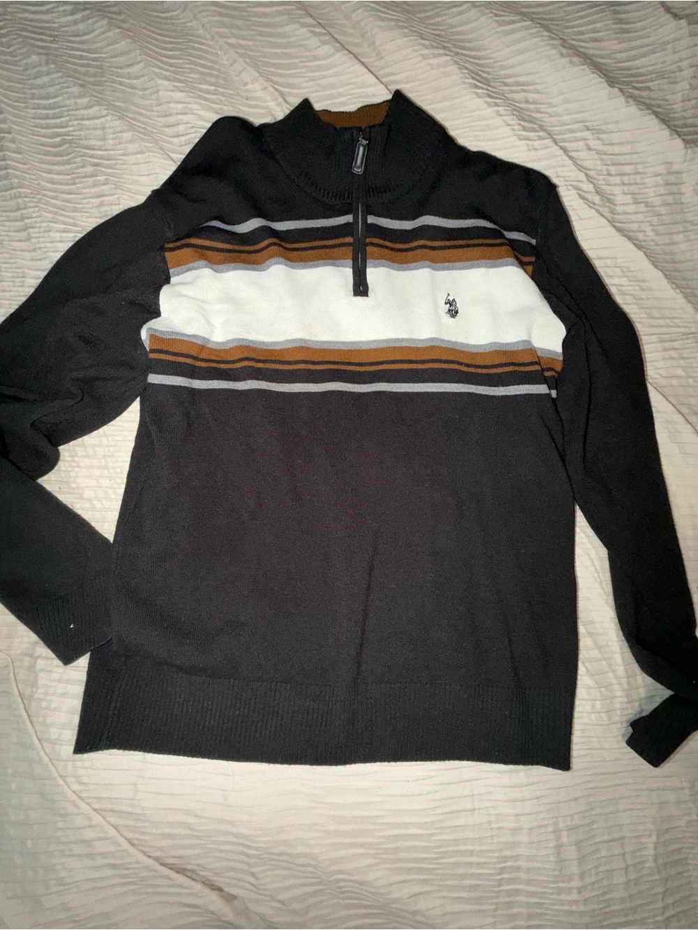 U.S. Polo Assn. Men’s Black Zip-Up Sweater with White and Brown Stripes